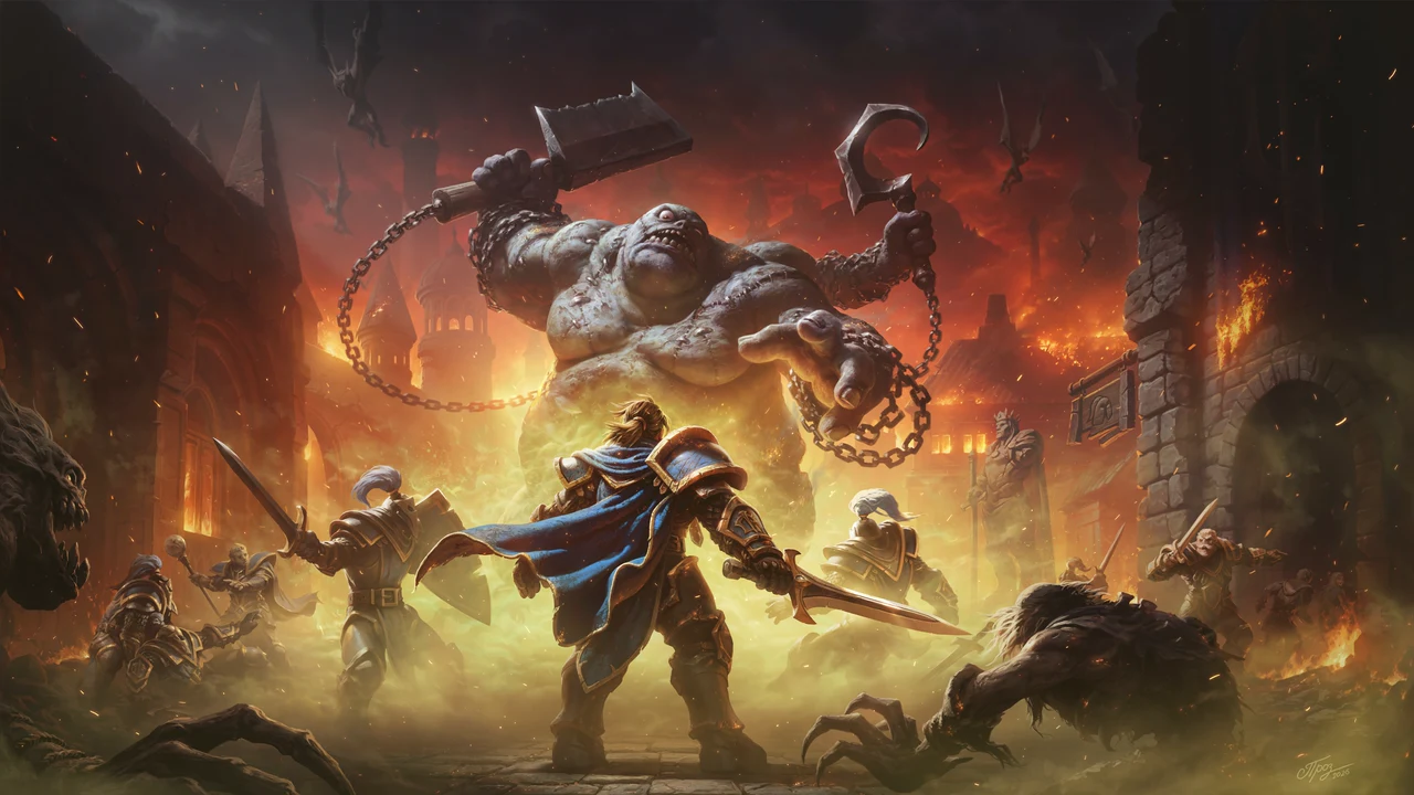 Lordaeron soldiers confront a huge undead creature in a burning city street.