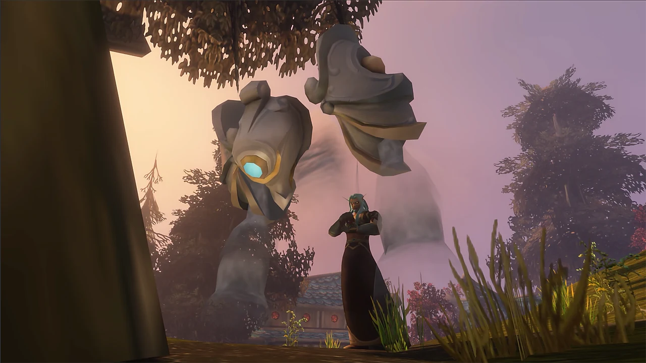 A Skyborne character stands beneath floating stone structures among the trees of Zephras.