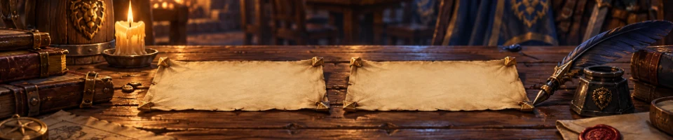 Illustration of two blank nameplates, a quill and a wax seal in a fantasy inn.