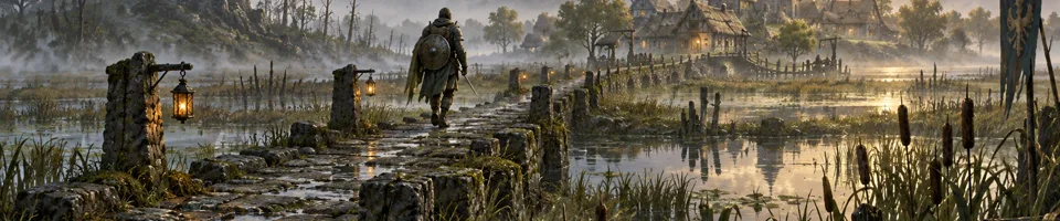 Illustration: a traveller carrying a shield crosses a stone causeway through marshland toward a misty village.