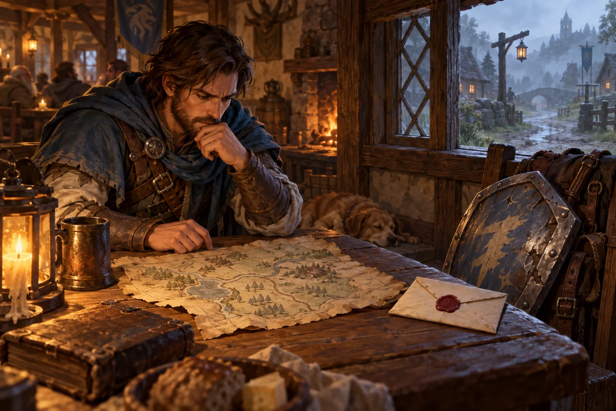 Illustration: a traveller studies a map and sealed letter at a table in a modest inn.