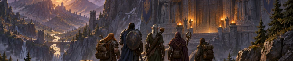 Illustration of adventurers outside a huge stone gate in the mountains.