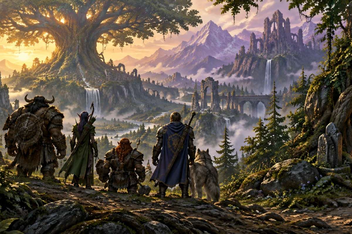 Illustration: an adventuring party prepares to explore mountains and ancient ruins.