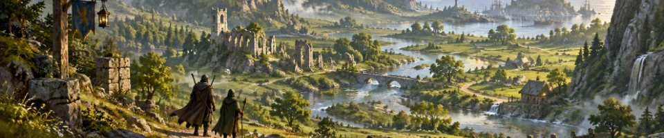 Illustration: adventurers among a river valley and ruins in an old-Azeroth-inspired landscape.