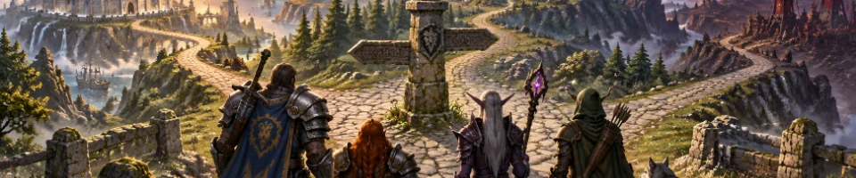 Illustration of an adventuring party at a crossroads in a fantasy landscape.