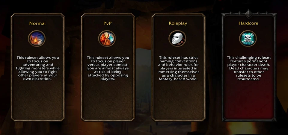 Blizzard’s Forever ruleset selection image showing Normal, PvP, Roleplay and Hardcore.