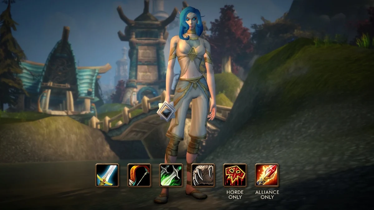 A Skyborne character above six class icons, with Shaman labelled Horde only and Mage Alliance only.