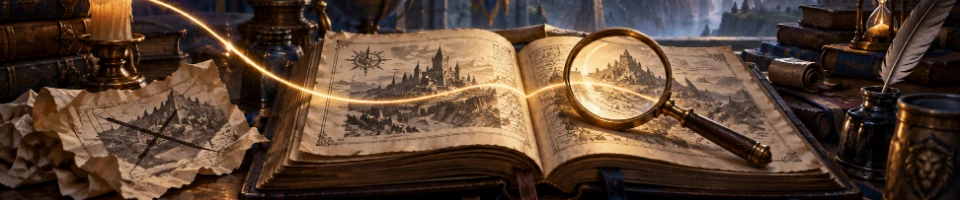 Illustration of a magnifying glass examining a book on a fantasy scholar's desk.