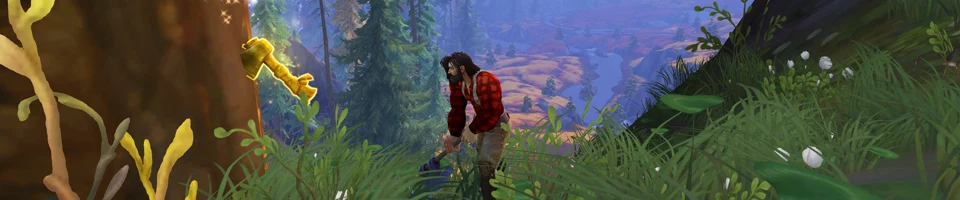 A character gathers lumber on a forested slope in Blizzard’s Housing artwork.