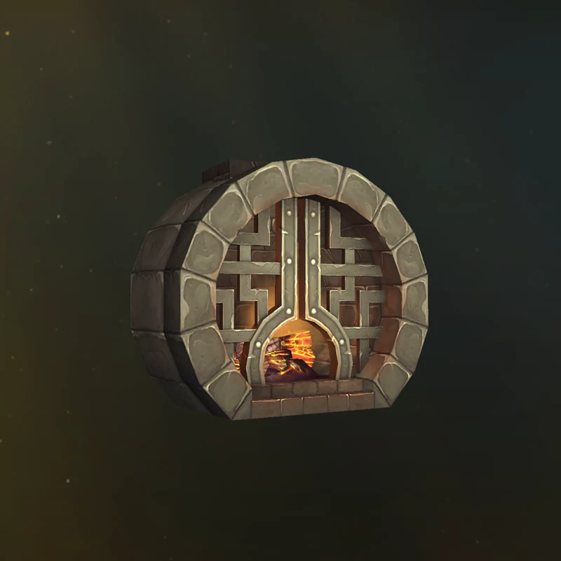 A rounded Pandaren Fireplace with an ornate grate and a burning fire.