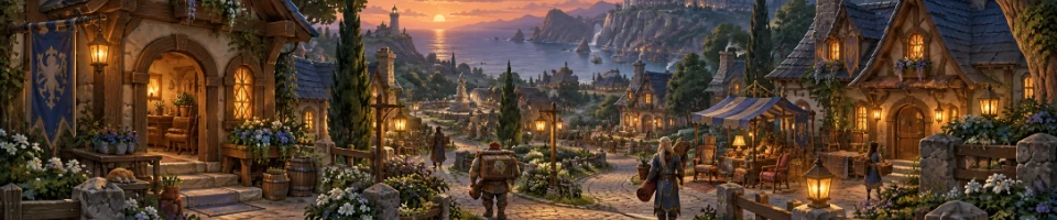 Illustration: residents walk along a lantern-lit cobbled street in a green fantasy village.