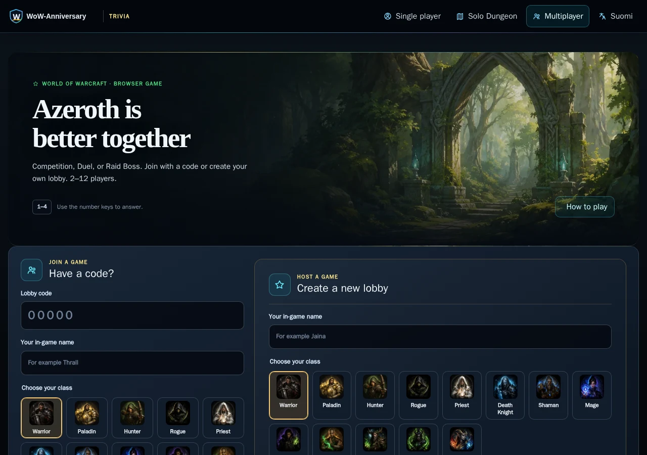 Multiplayer setup with lobby-code entry, player names, class selection and lobby creation.