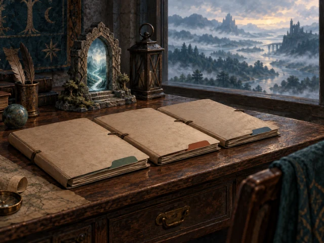 Illustration of closed legal files and a miniature fantasy portal on an archive desk.