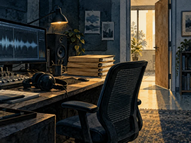 Illustration of an empty audio workstation, headphones and closed files.