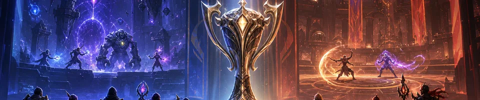 A blue and violet dungeon race and a red and gold arena battle meet around a large championship trophy.