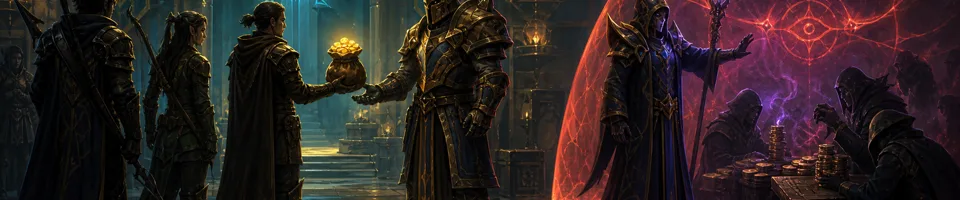 Fantasy adventurers pay gold for a group service while an arcane guard exposes a prohibited trade operating in the shadows.
