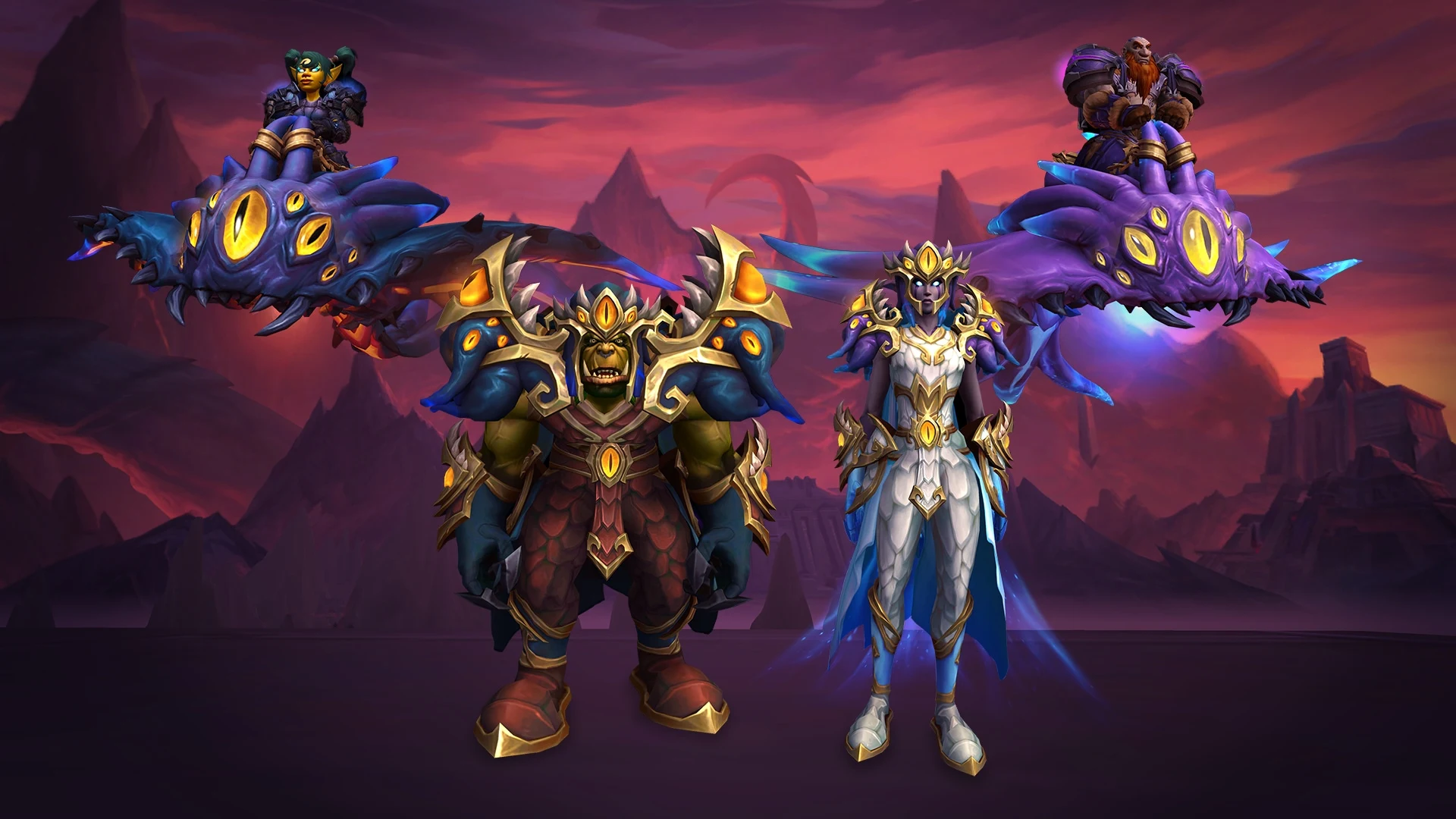 Blizzardin virallinen kuva: kaksi Azshara-asuun puettua hahmoa ja kaksi violettia, silmien koristamaa Zothwing-ratsua.