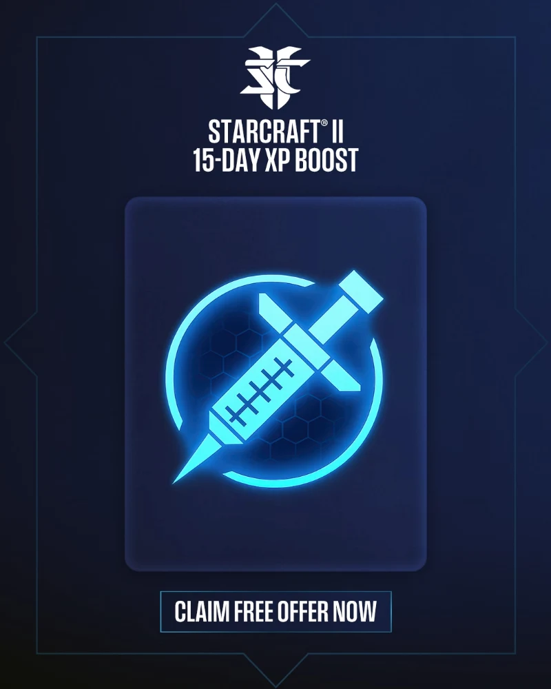Blizzardin kampanjakuva StarCraft II:n 15 päivän kokemustehosteesta.