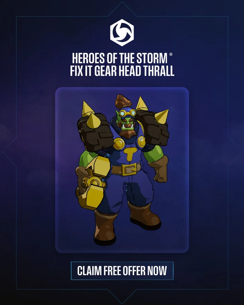 Blizzardin kampanjakuva: Thrall keltaisissa suojalaseissa ja sinisissä työvaatteissa.