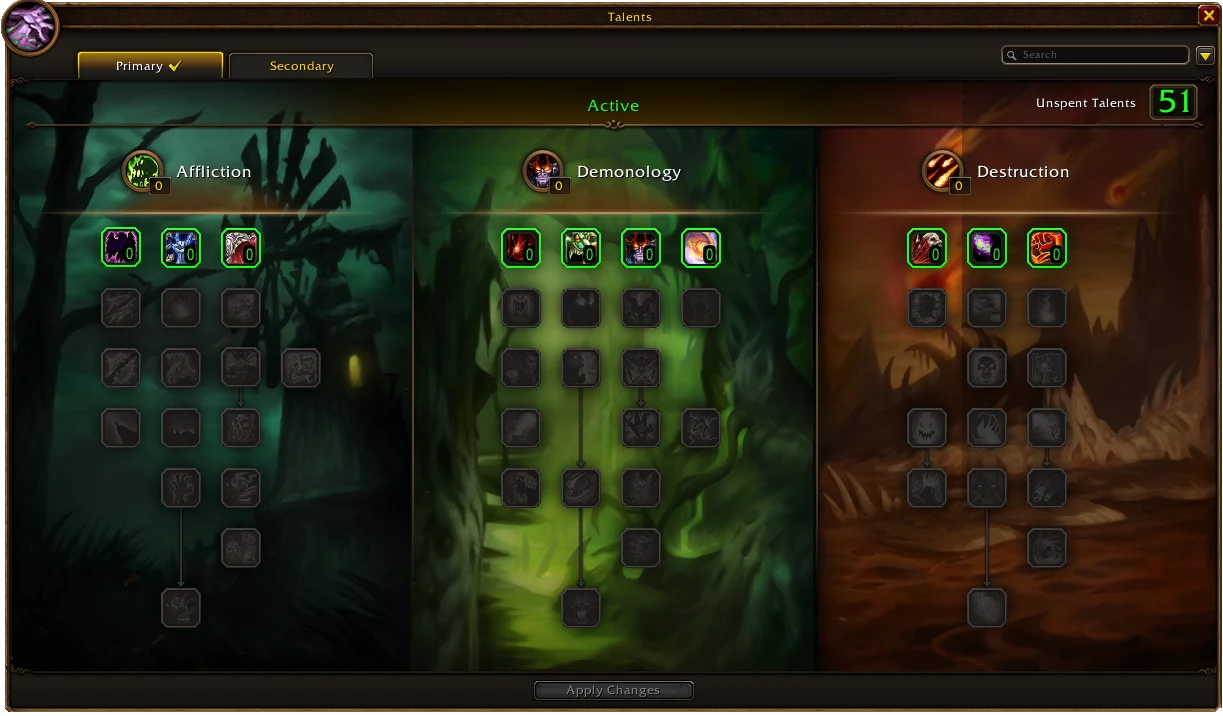Blizzardin Warlock-talenttipuu: Affliction, Demonology ja Destruction.