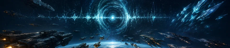 Kolme erilaista avaruuslaivastoa lähestyy sinisenä hohtavaa salaperäistä signaalia planeetan yllä.