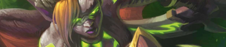 Demon Hunterin siivet ja vihreä hohde virallisen D&D: World of Warcraft -kuvituksen rajauksessa.