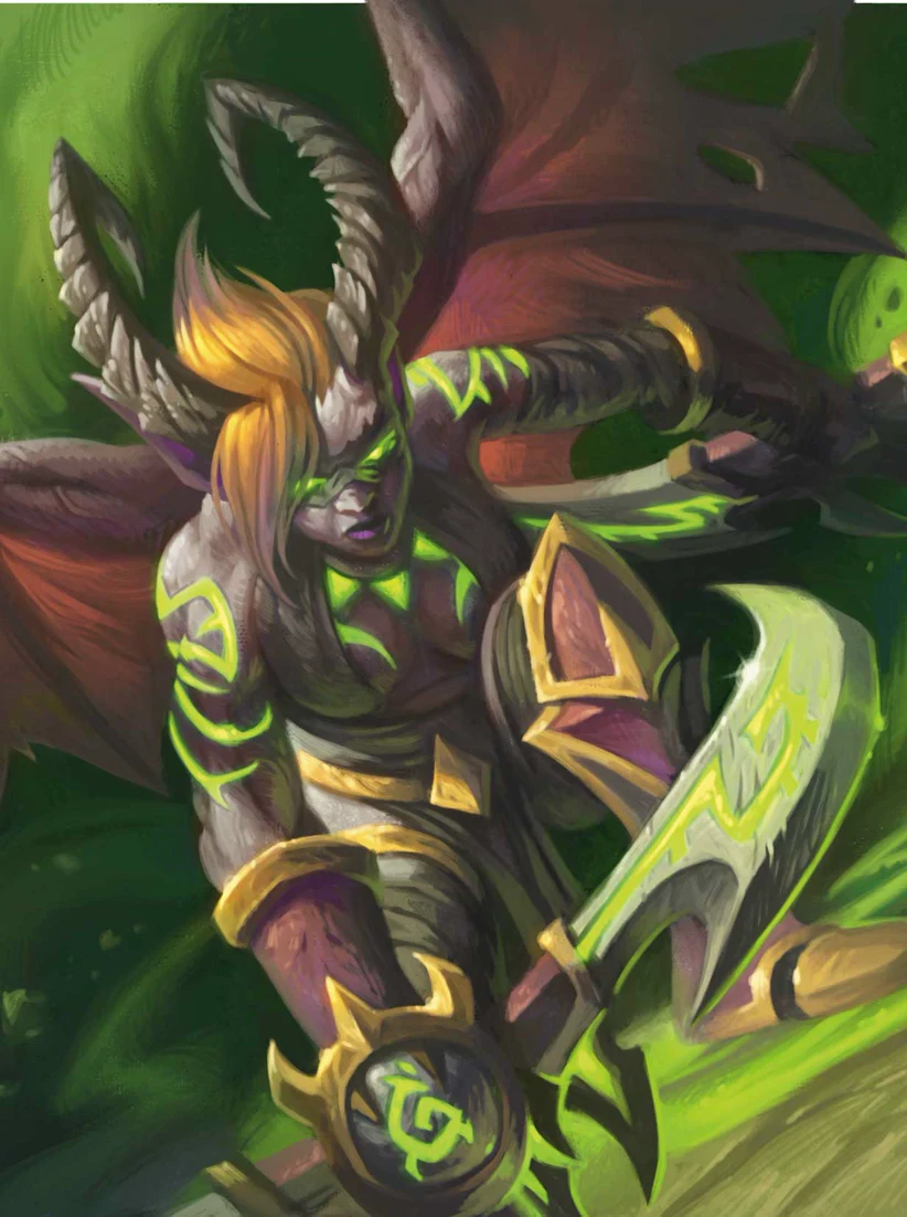 Siivekäs Demon Hunter pitelee kahta asetta vihreän taian keskellä.