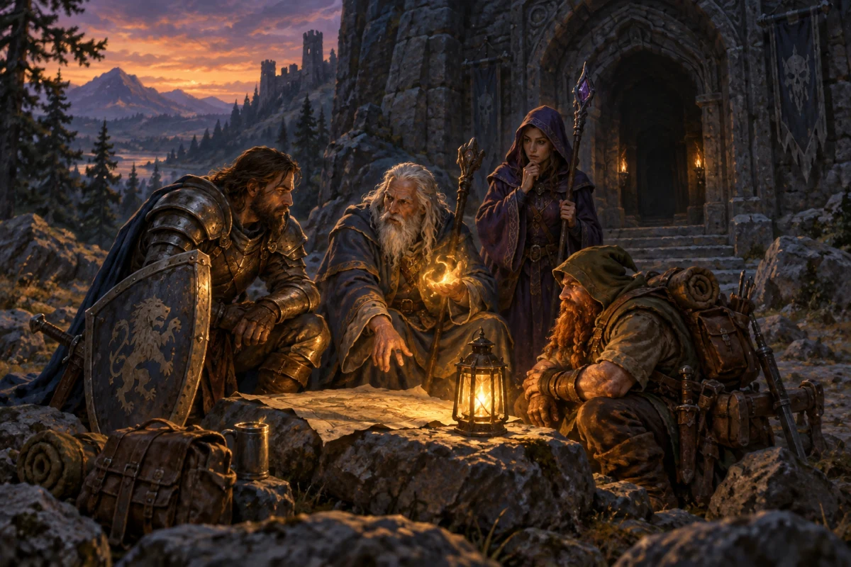 Kuvitus: pieni seikkailijaryhmä suunnittelee etenemistään lyhdyn valossa dungeonin kivisen sisäänkäynnin edessä.