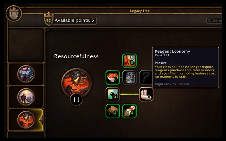 Legacyn Resourcefulness-puu ja Reagent Economy -valinnan kuvaus Blizzardin esittelyssä.