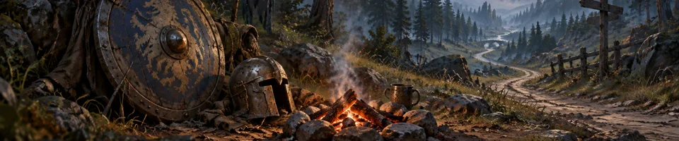 Kuvitus: kolhiintunut kilpi ja tyhjä kypärä hiipuvan nuotion vieressä, taustalla sumuinen metsätie.