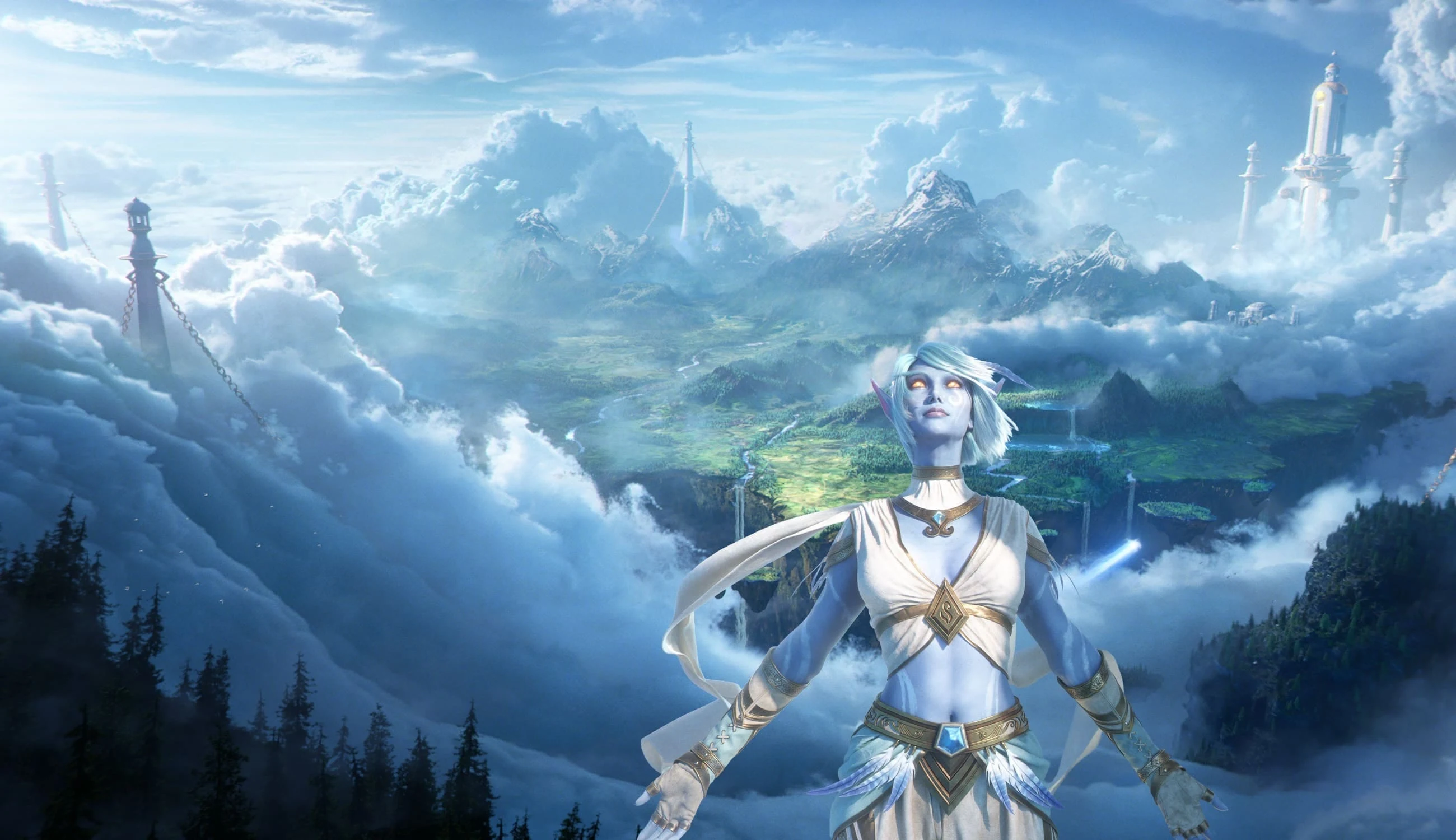 Virallinen julkistuskuva: vaaleahiuksinen Skyborne-haltia seisoo pilvien ympäröimän Zephras Islen maiseman edessä.