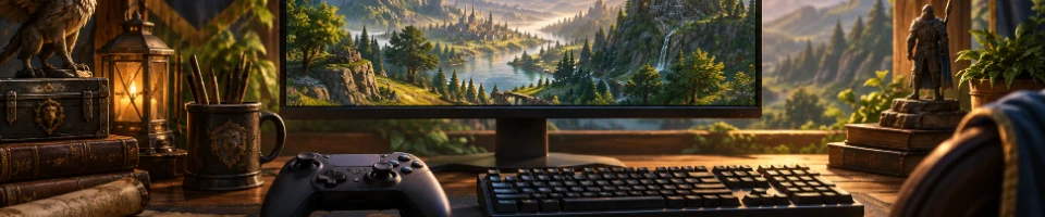 Kuvitus PC-pelipöydästä, jolla ohjain ja näppäimistö ovat rinnakkain fantasiamaisemaa näyttävän näytön edessä.