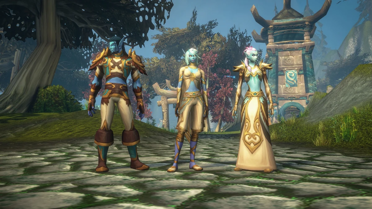 Kolme eri näköistä Skyborne-hahmoa seisoo Zephras Islen kivitiellä.