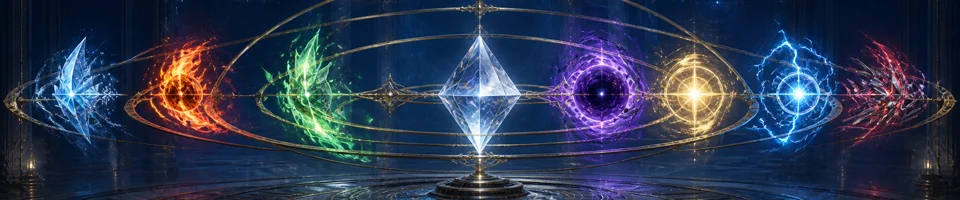 Des énergies magiques multicolores tournent en équilibre autour d'un prisme de cristal.