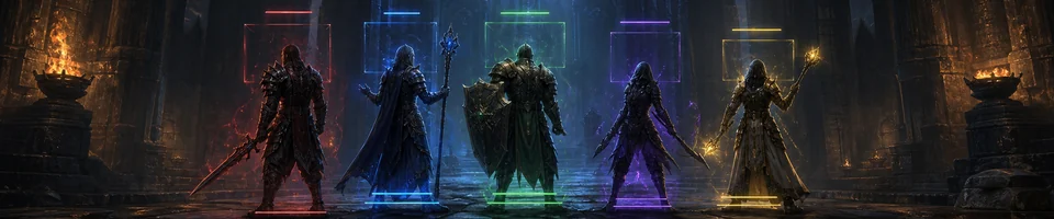 Un gruppo di avventurieri in armatura si trova in una sala di pietra circondato da cornici arcane colorate.