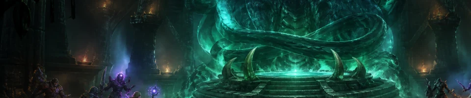 Tre gruppi raid avanzano verso un altare oscuro avvolto da energia serpentina spettrale.