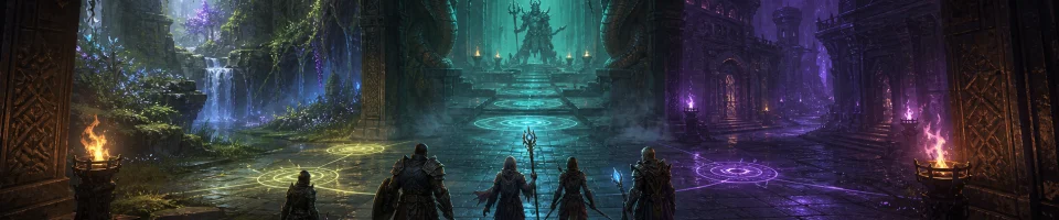 En gruppe på fem eventyrere nærmer seg tre magisk opplyste dungeonveier.