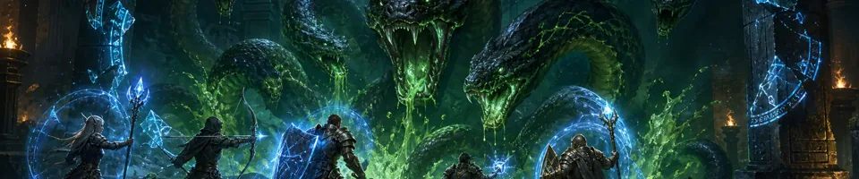 Um grupo de raide enfrenta uma divindade serpente venenosa no salão ritual verde de Coiled Altar.