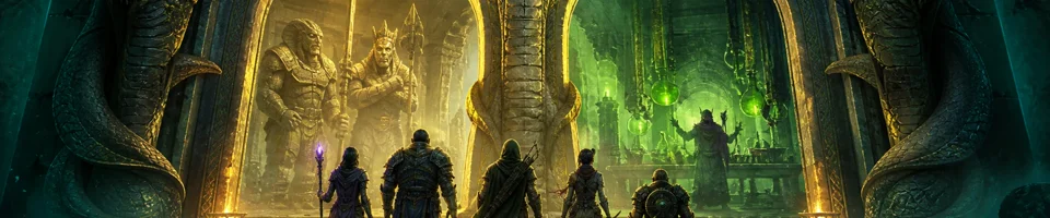 Cinco aventureiros se aproximam de um portal de serpentes com guardiões de pedra e um laboratório verde.