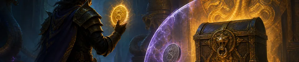 Um aventureiro segura uma ficha luminosa diante de um cofre de raide selado por magia.