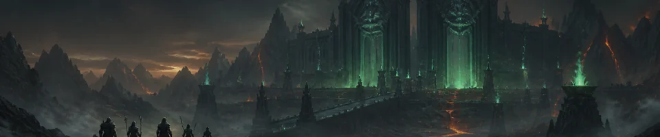 Um grupo de aventureiros aproxima-se de uma fortaleza sombria de obsidiana num vale vulcânico.