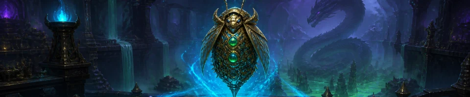 Um relicário dourado mágico flutua sobre três gemas e energia azul num templo de serpentes.
