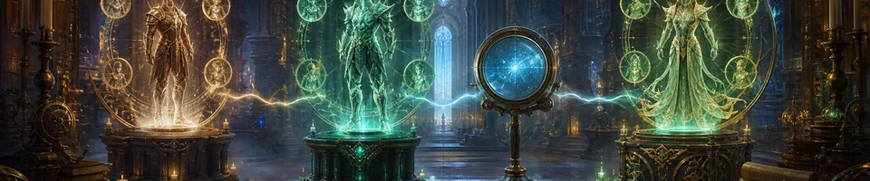 三位来自不同Classic时代的披甲人物出现在同一座魔法角色档案馆中。
